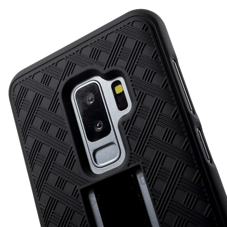 For Samsung Galaxy S9 Plus G965 Sliding Grid Pattern Holster Hard Case with Belt Clip - Black