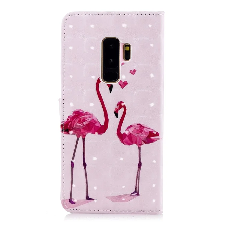 Patterned Rubberized Leather Wallet Case Cover for Samsung Galaxy S9+ G965 - Flamingos