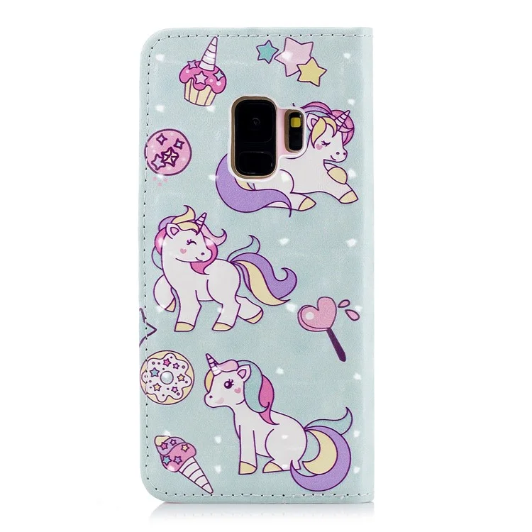 Light Spot Embossed Leather Stand Phone Casing for Samsung Galaxy S9 SM-G960 - Unicorns