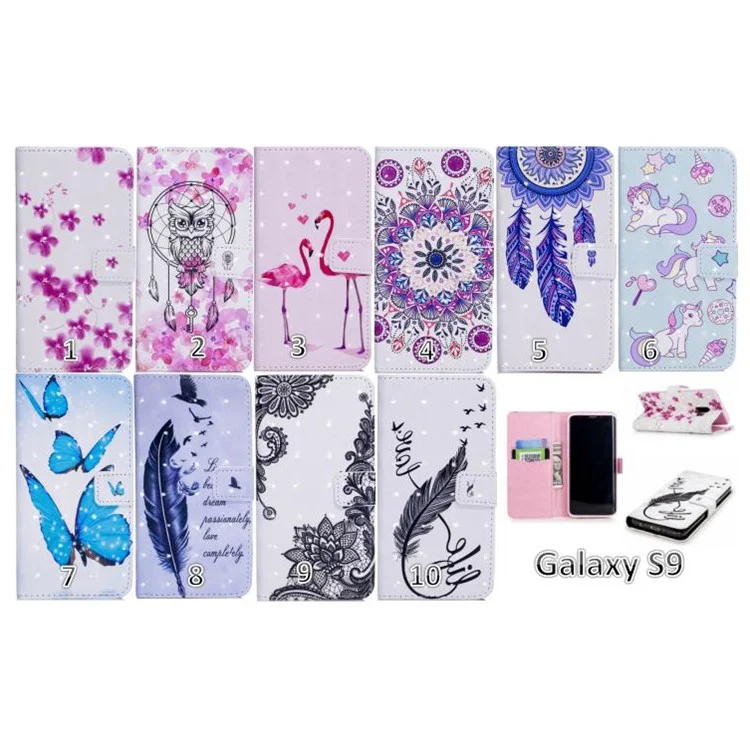 Light Spot Embossed Leather Stand Phone Casing for Samsung Galaxy S9 SM-G960 - Unicorns