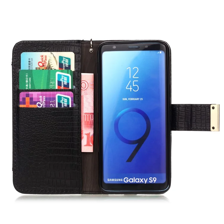 Crocodile Texture PU Leather Wallet Stand Case for Samsung Galaxy S9 G960 - Black