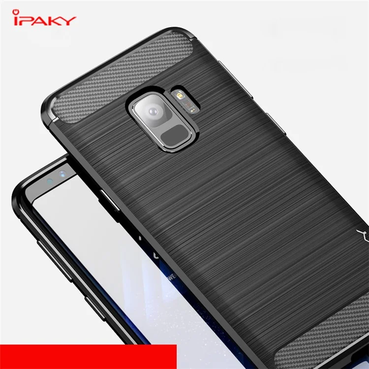 IPAKY Brushed Carbon Fiber TPU Back Mobile Case for Samsung Galaxy S9 G960 - Black