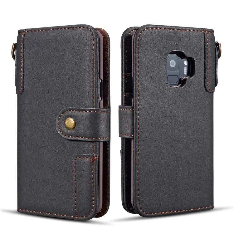 Genuine Cowhide Leather Wallet Stand Case for Samsung Galaxy S9 SM-G960 - Black