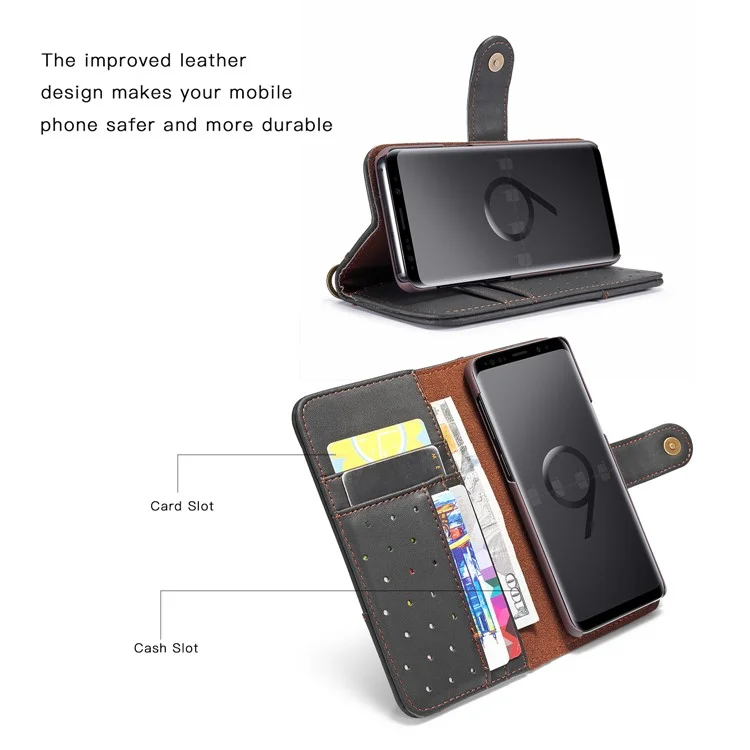 Genuine Cowhide Leather Wallet Stand Case for Samsung Galaxy S9 SM-G960 - Black