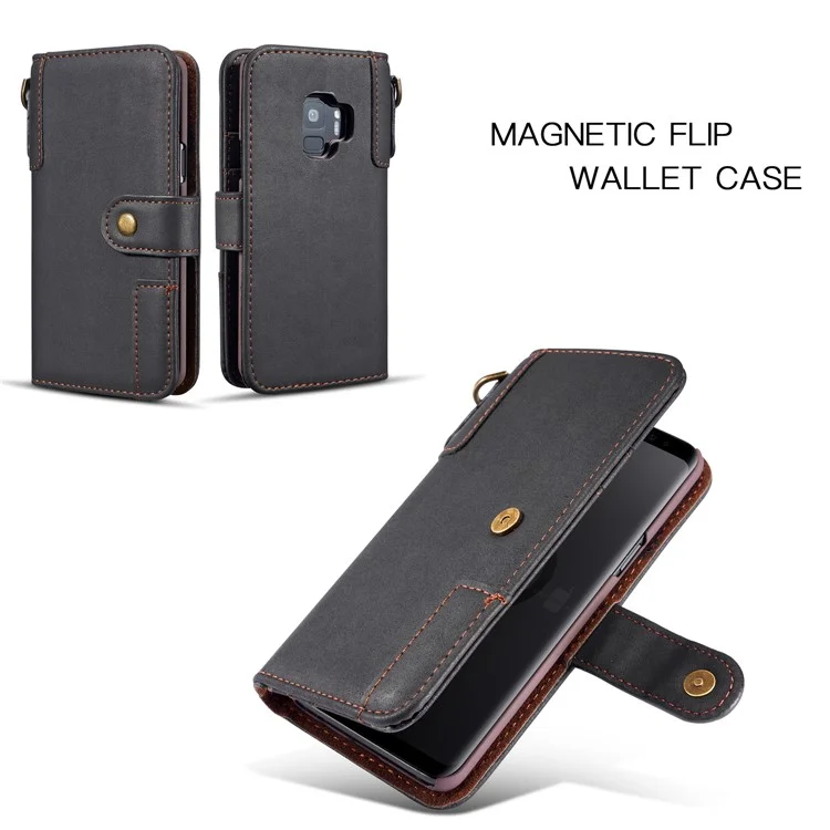 Genuine Cowhide Leather Wallet Stand Case for Samsung Galaxy S9 SM-G960 - Black