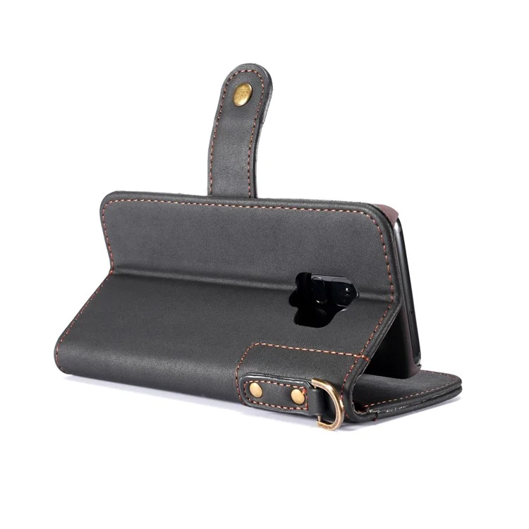 Genuine Cowhide Leather Wallet Stand Case for Samsung Galaxy S9 SM-G960 - Black