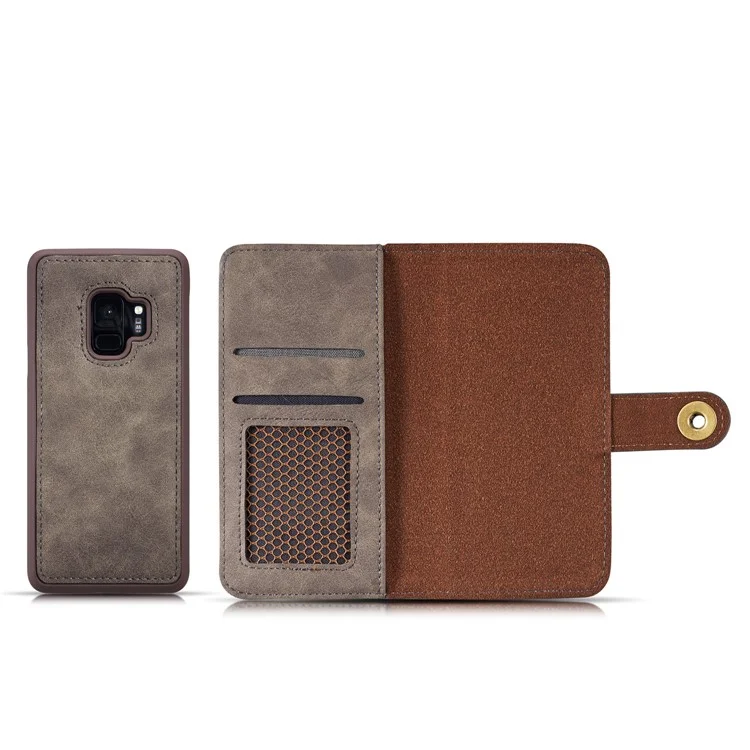 Vintage Style Split Leather Wallet Cover + Detachable Leather Coated PC Case for Samsung Galaxy S9 SM-G960 - Grey