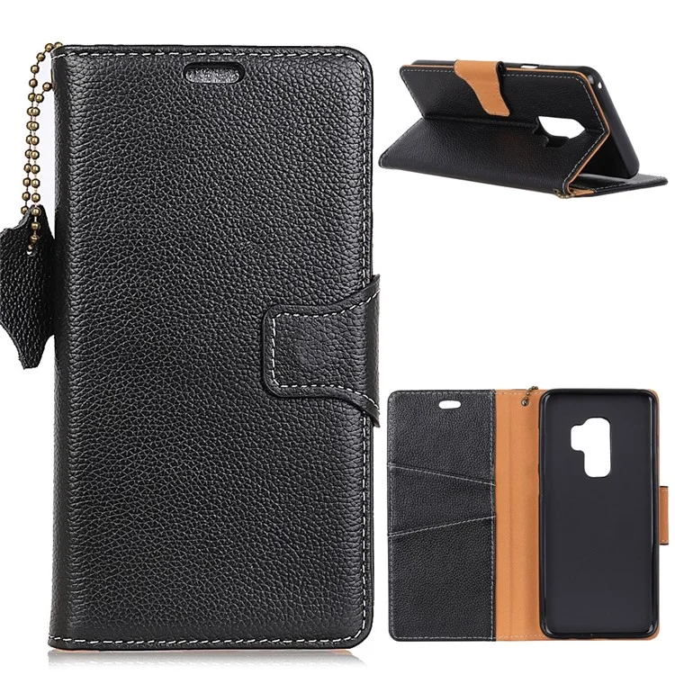 Litchi Grain Genuine Leather Wallet Stand Case for Samsung Galaxy S9 G960 - Black