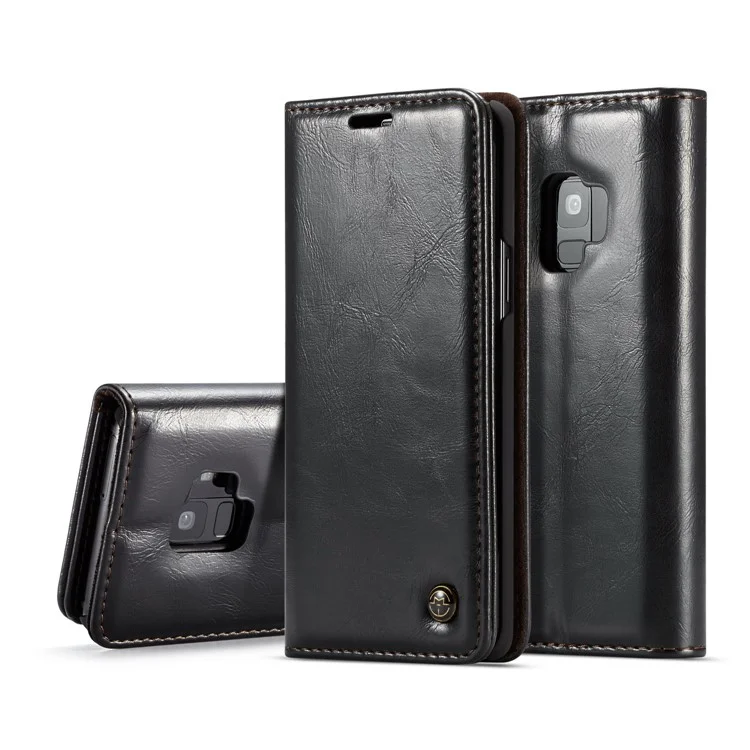 CASEME Oil Wax Leather Card Holder Case for Samsung Galaxy S9 G960 - Black