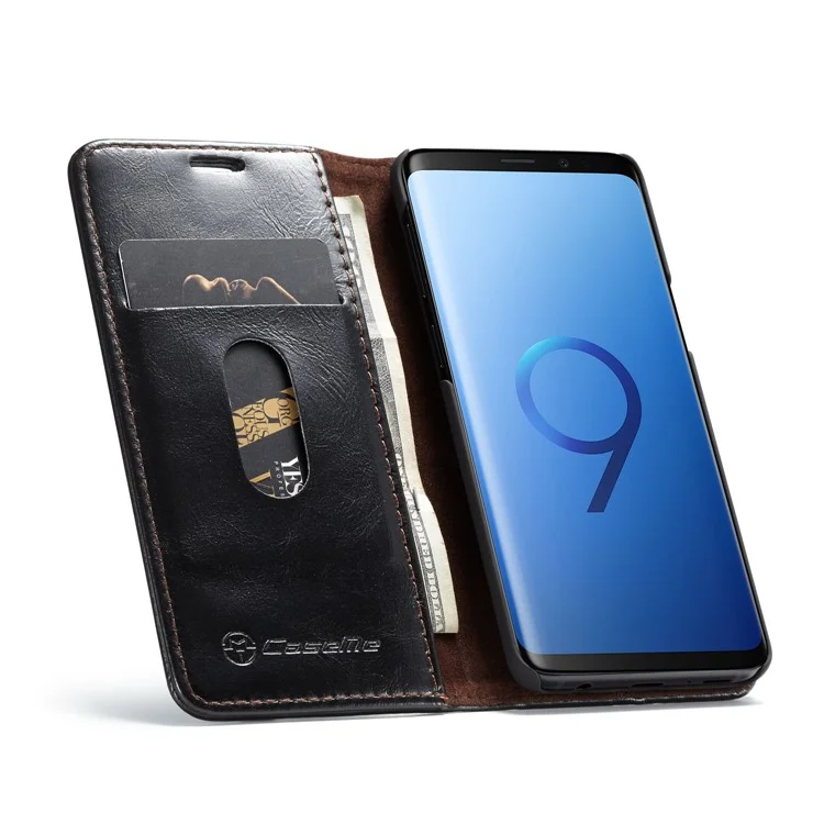 CASEME Oil Wax Leather Card Holder Case for Samsung Galaxy S9 G960 - Black