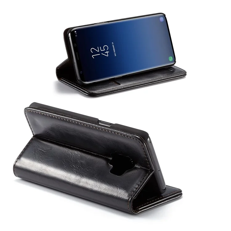 CASEME Oil Wax Leather Card Holder Case for Samsung Galaxy S9 G960 - Black