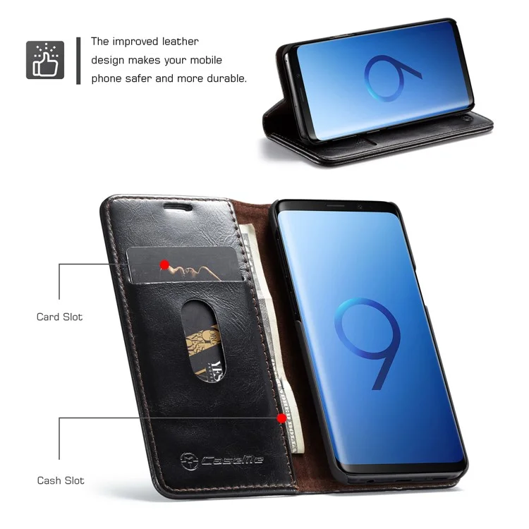 CASEME Oil Wax Leather Card Holder Case for Samsung Galaxy S9 G960 - Black