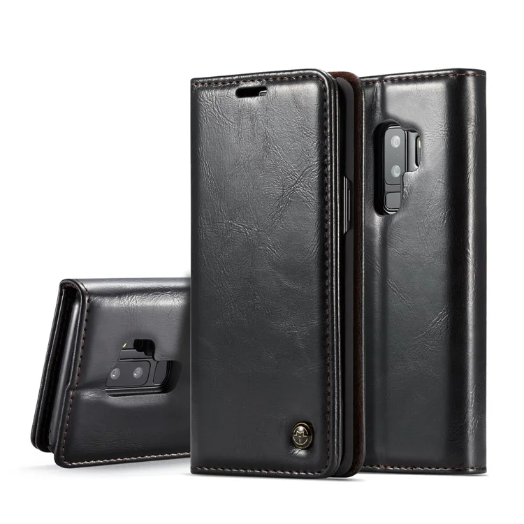 CASEME Oil Wax Leather Wallet Cover Shell with Stand for Samsung Galaxy S9+ G965 - Black