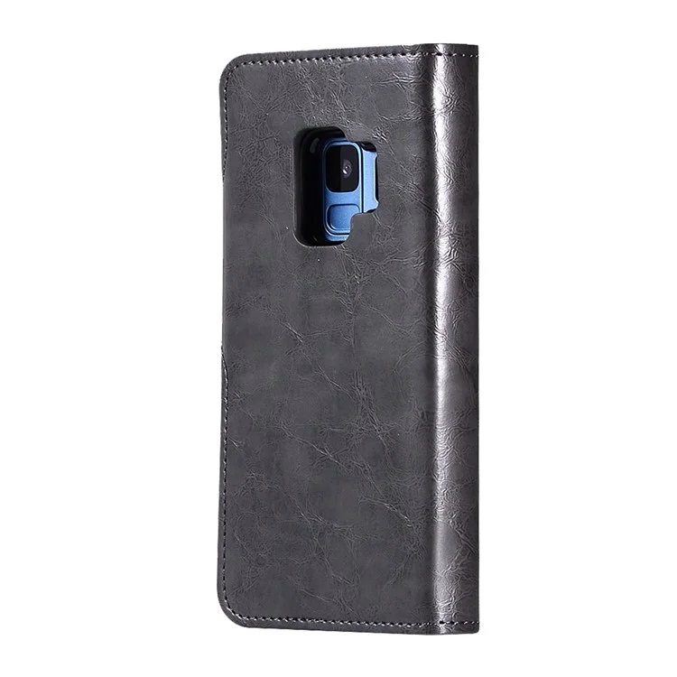Crazy Horse PU Leather Wallet Cover + Detachable Leather Coated TPU Case for Samsung Galaxy S9 SM-G960 - Black