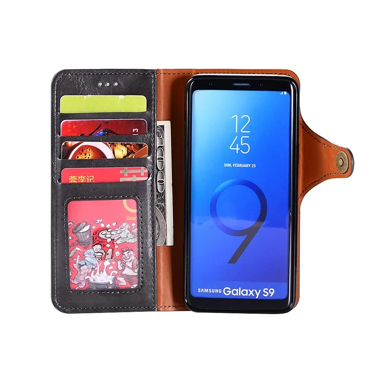 Crazy Horse PU Leather Wallet Cover + Detachable Leather Coated TPU Case for Samsung Galaxy S9 SM-G960 - Black