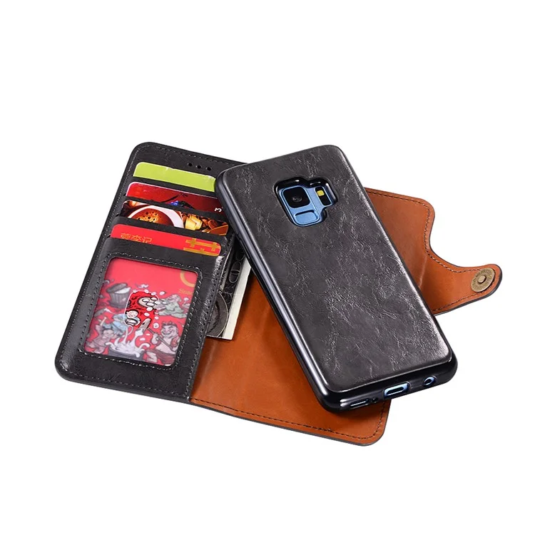 Crazy Horse PU Leather Wallet Cover + Detachable Leather Coated TPU Case for Samsung Galaxy S9 SM-G960 - Black
