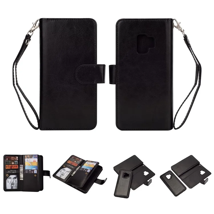 Detachable 9 Card Slots Leather Wallet Case for Samsung Galaxy S9 SM-G960 - Black