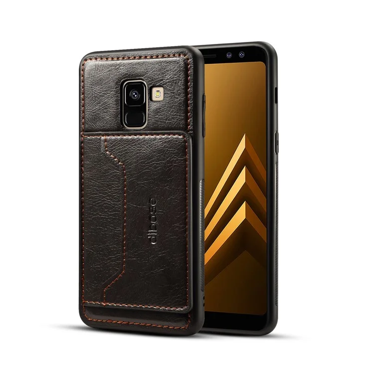 Crazy Horse Texture Leather Coated TPU Card Holder Kickstand Case for Samsung Galaxy A8 (2018) - Black
