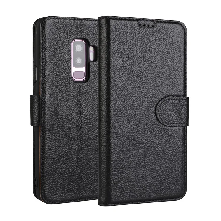 Litchi Texture Genuine Leather Wallet Stand Case for Samsung Galaxy S9+ G965 - Black
