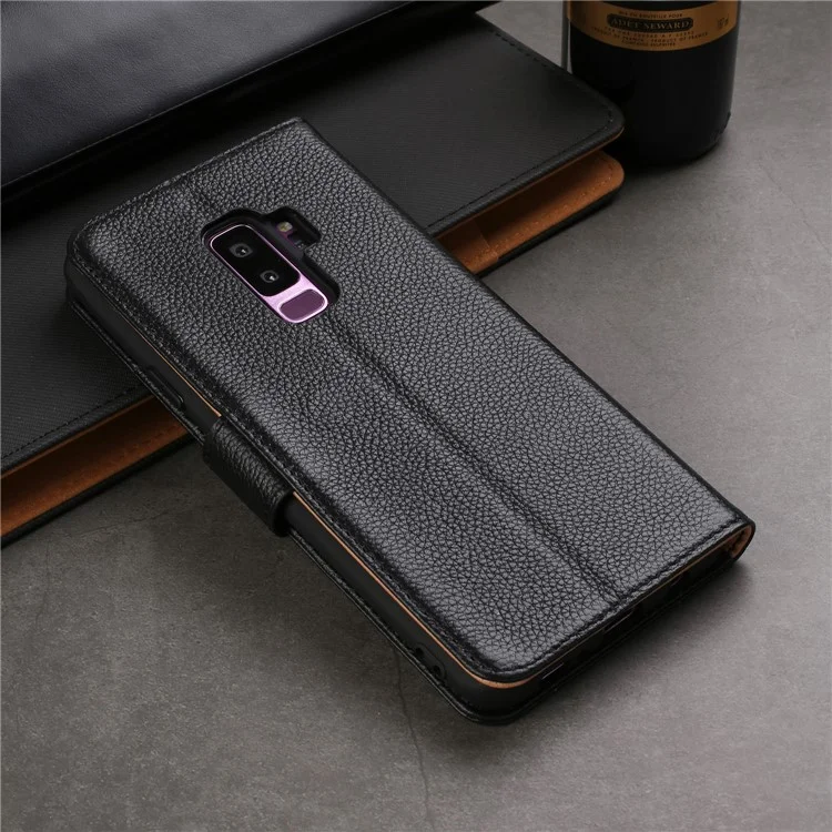 Litchi Texture Genuine Leather Wallet Stand Case for Samsung Galaxy S9+ G965 - Black
