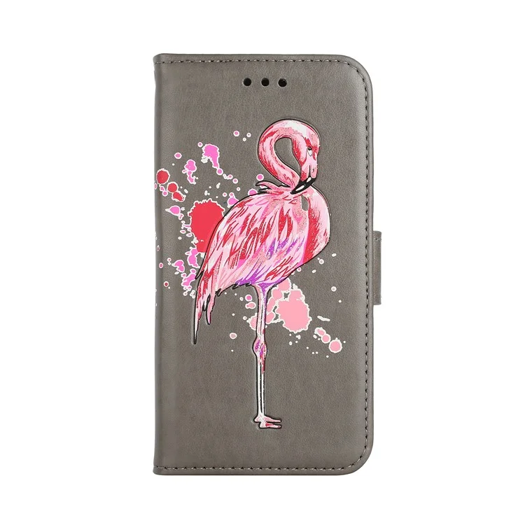 Flash Powder Flamingo Wallet Stand Leather Case for Samsung Galaxy A8 Plus (2018) - Grey