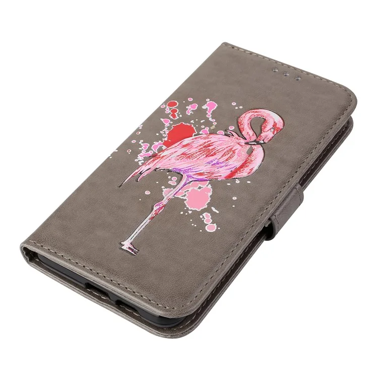 Flash Powder Flamingo Wallet Stand Leather Case for Samsung Galaxy A8 Plus (2018) - Grey