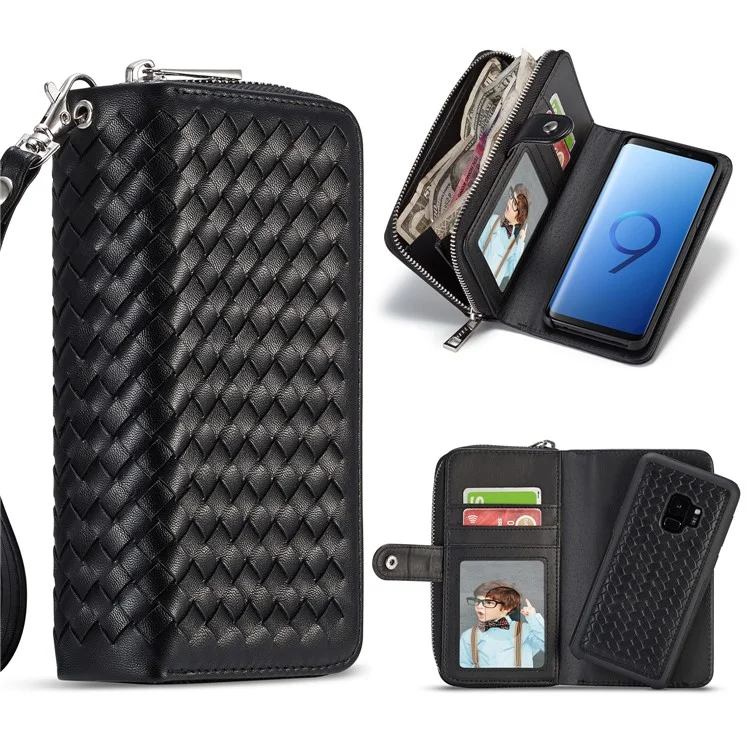 For Samsung Galaxy S9 SM-G960 Woven Texture Detachable 2-in-1 Zipper Wallet Leather Phone Casing - Black