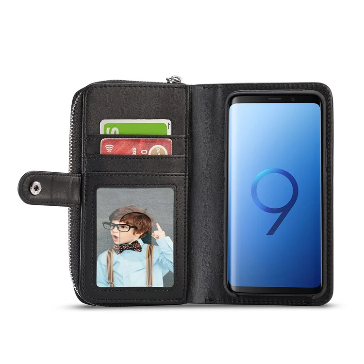 For Samsung Galaxy S9 SM-G960 Woven Texture Detachable 2-in-1 Zipper Wallet Leather Phone Casing - Black