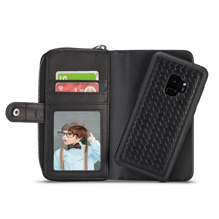 For Samsung Galaxy S9 SM-G960 Woven Texture Detachable 2-in-1 Zipper Wallet Leather Phone Casing - Black