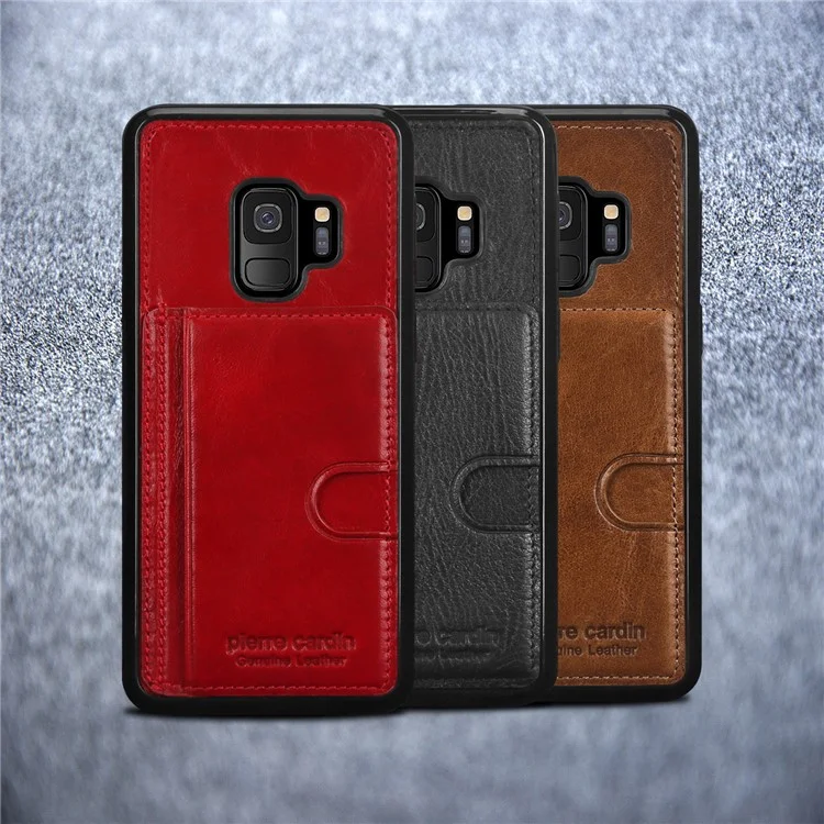 PIERRE CARDIN Genuine Leather Coated Card Slot TPU Kickstand Case for Samsung Galaxy S9 SM-G960 - Black