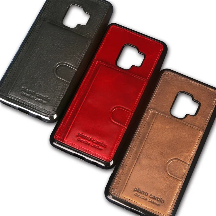 PIERRE CARDIN Genuine Leather Coated Card Slot TPU Kickstand Case for Samsung Galaxy S9 SM-G960 - Black