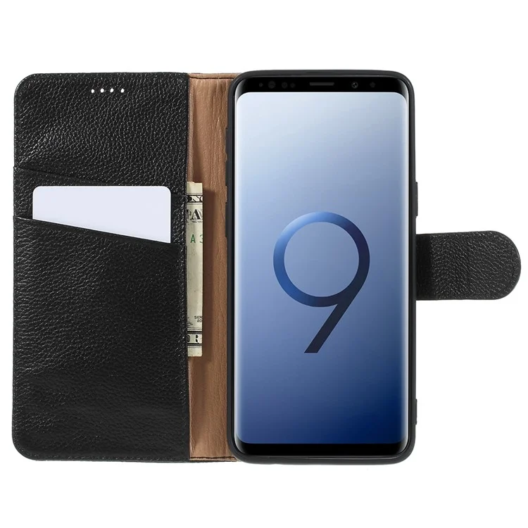 Litchi Texture Genuine Leather Wallet Stand Case for Samsung Galaxy S9 SM-G960 - Black