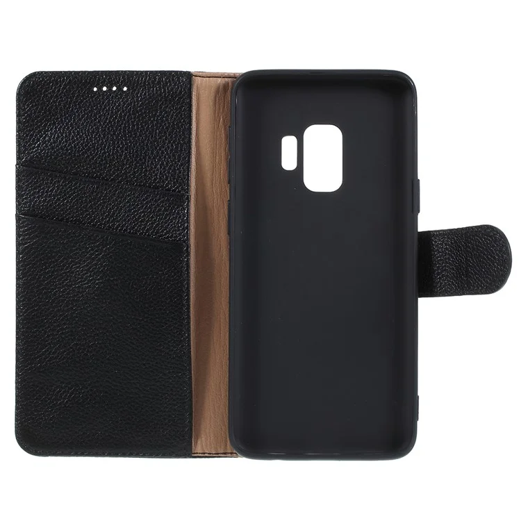 Litchi Texture Genuine Leather Wallet Stand Case for Samsung Galaxy S9 SM-G960 - Black