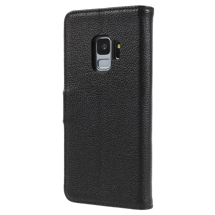 Litchi Texture Genuine Leather Wallet Stand Case for Samsung Galaxy S9 SM-G960 - Black
