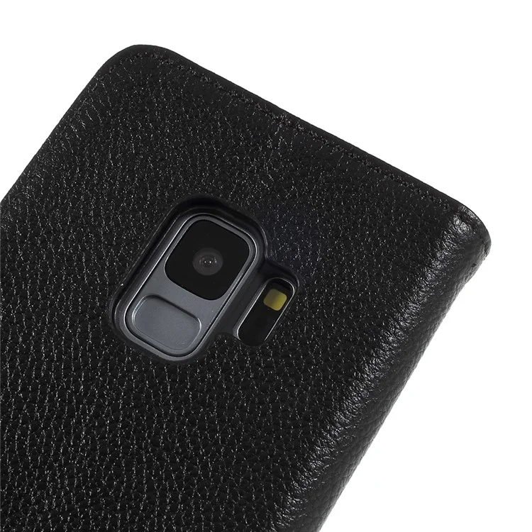 Litchi Texture Genuine Leather Wallet Stand Case for Samsung Galaxy S9 SM-G960 - Black