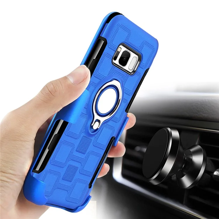 Geometric Pattern Magnetic Car Mount Ring Holder TPU PC Hybrid Cell Phone Case with Belt Clip for Samsung Galaxy S8 Plus SM-G955 - Baby Blue