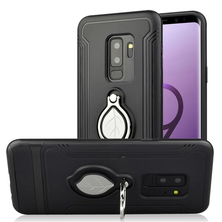 ANGIBABE Maple Leaf Magnetic Ring Holder Kickstand TPU + PC Hybrid Case for Samsung Galaxy S9 Plus SM-G965 - Black