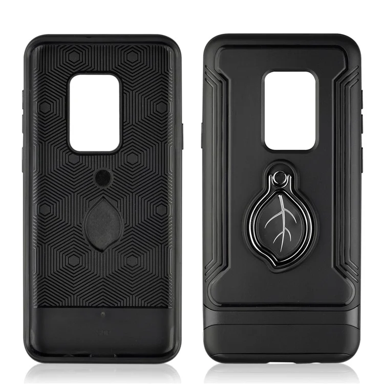 ANGIBABE Maple Leaf Magnetic Ring Holder Kickstand TPU + PC Hybrid Case for Samsung Galaxy S9 Plus SM-G965 - Black