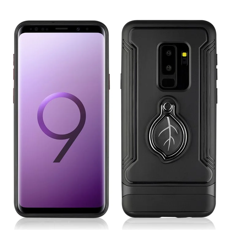 ANGIBABE Maple Leaf Magnetic Ring Holder Kickstand TPU + PC Hybrid Case for Samsung Galaxy S9 Plus SM-G965 - Black