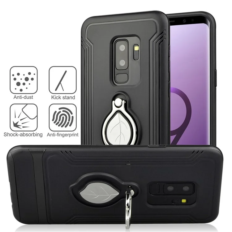 ANGIBABE Maple Leaf Magnetic Ring Holder Kickstand TPU + PC Hybrid Case for Samsung Galaxy S9 Plus SM-G965 - Black
