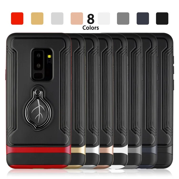 ANGIBABE Maple Leaf Magnetic Ring Holder Kickstand TPU + PC Hybrid Case for Samsung Galaxy S9 Plus SM-G965 - Black