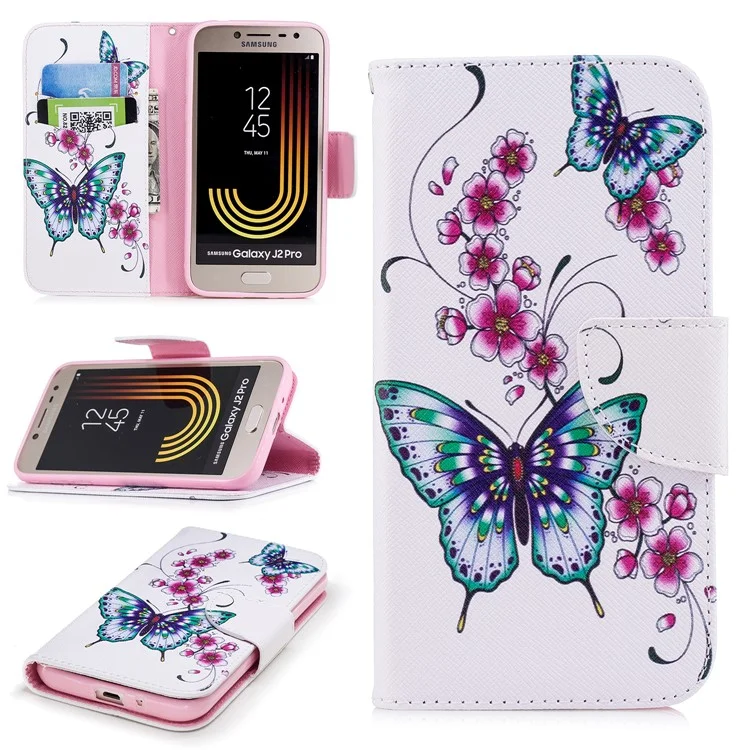 Pattern Printing Wallet Leather Cover with Stand for Samsung Galaxy J2 Pro 2018 - Butterflies and Flower