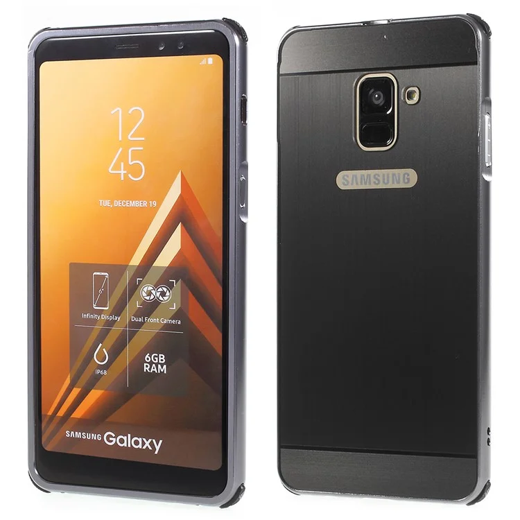 Electroplated Metal Bumper + Brushed PC Back Panel Slide-on Case for Samsung Galaxy A8+ (2018) - Black