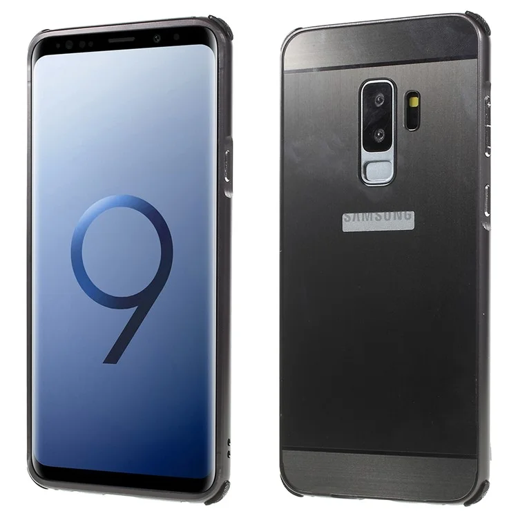 Slide-on Drop-proof Brushed PC Plate + Metal Bumper Hybrid Case for Samsung Galaxy S9+ SM-G965 - Black