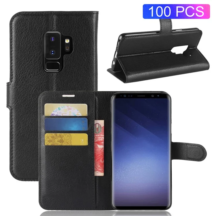 100Pcs/Set Litchi Grain Wallet Stand Leather Case for Samsung Galaxy S9+ G965 - Black