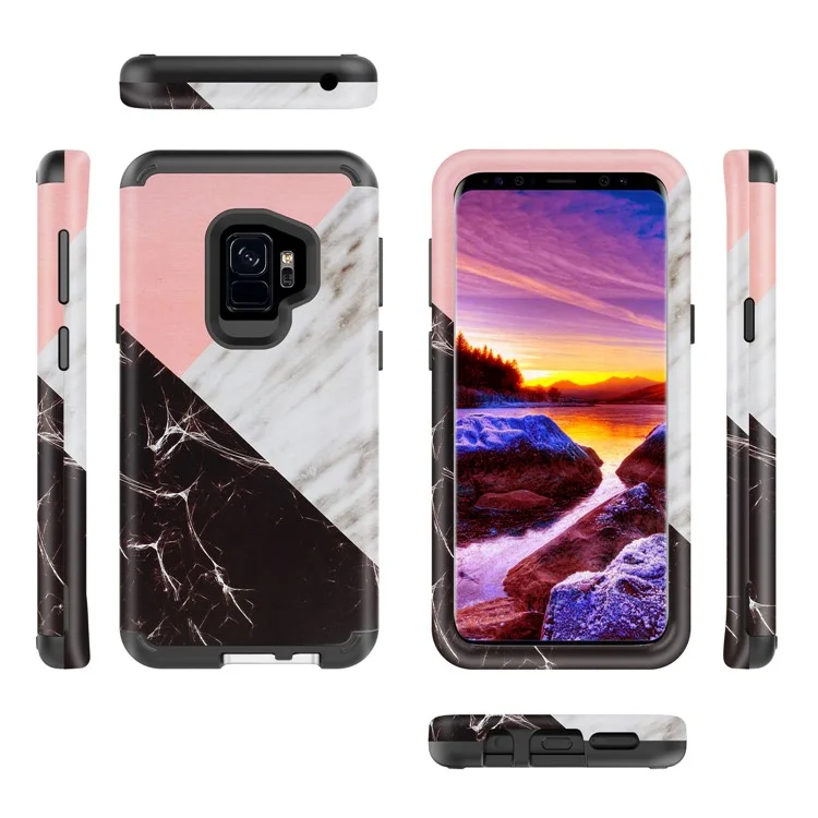 Contrasting Color Marble Pattern 2-in-1 Heavy Duty PC + Silicone Hybrid Shockproof Case for Samsung Galaxy S9 SM-G960 - Black