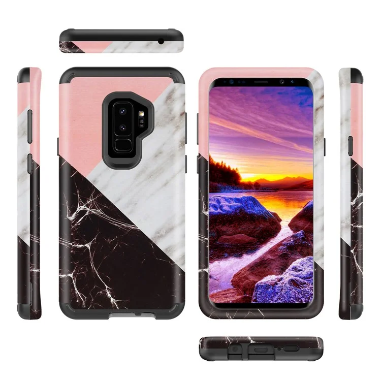 Contrasting Color Marble Pattern 2-in-1 Heavy Duty PC + Silicone Hybrid Shockproof Case for Samsung Galaxy S9 Plus SM-G965 - Black