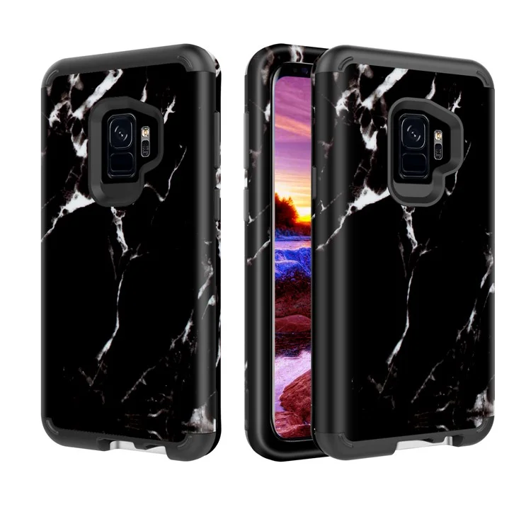 Marble Pattern 2-in-1 Heavy Duty PC + Silicone Hybrid Shockproof Back Cover for Samsung Galaxy S9 SM-G960 - Black
