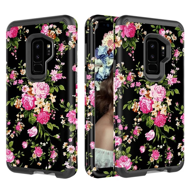 Rose Pattern 2-in-1 Heavy Duty PC + Silicone Hybrid Shockproof Back Cover for Samsung Galaxy S9 Plus SM-G965 - Black