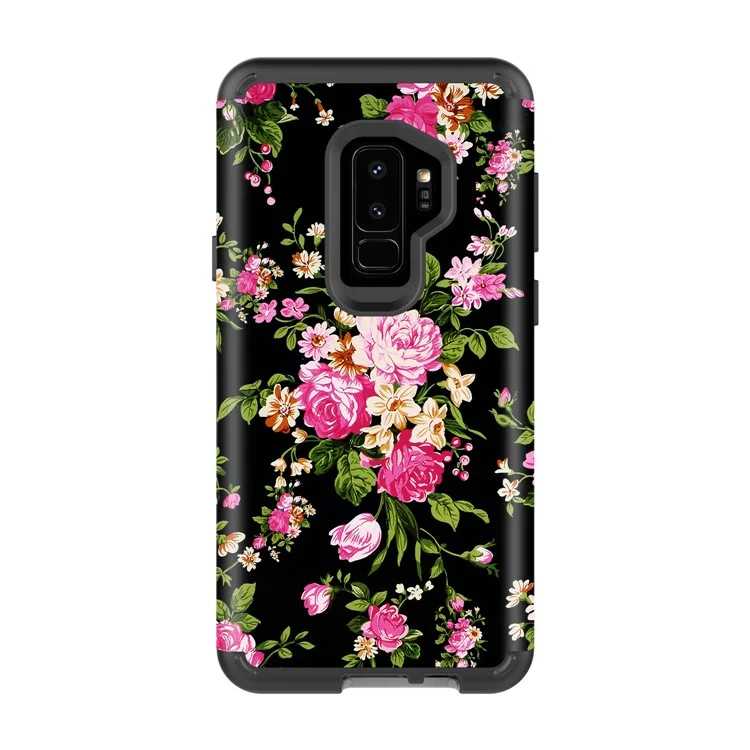Rose Pattern 2-in-1 Heavy Duty PC + Silicone Hybrid Shockproof Back Cover for Samsung Galaxy S9 Plus SM-G965 - Black